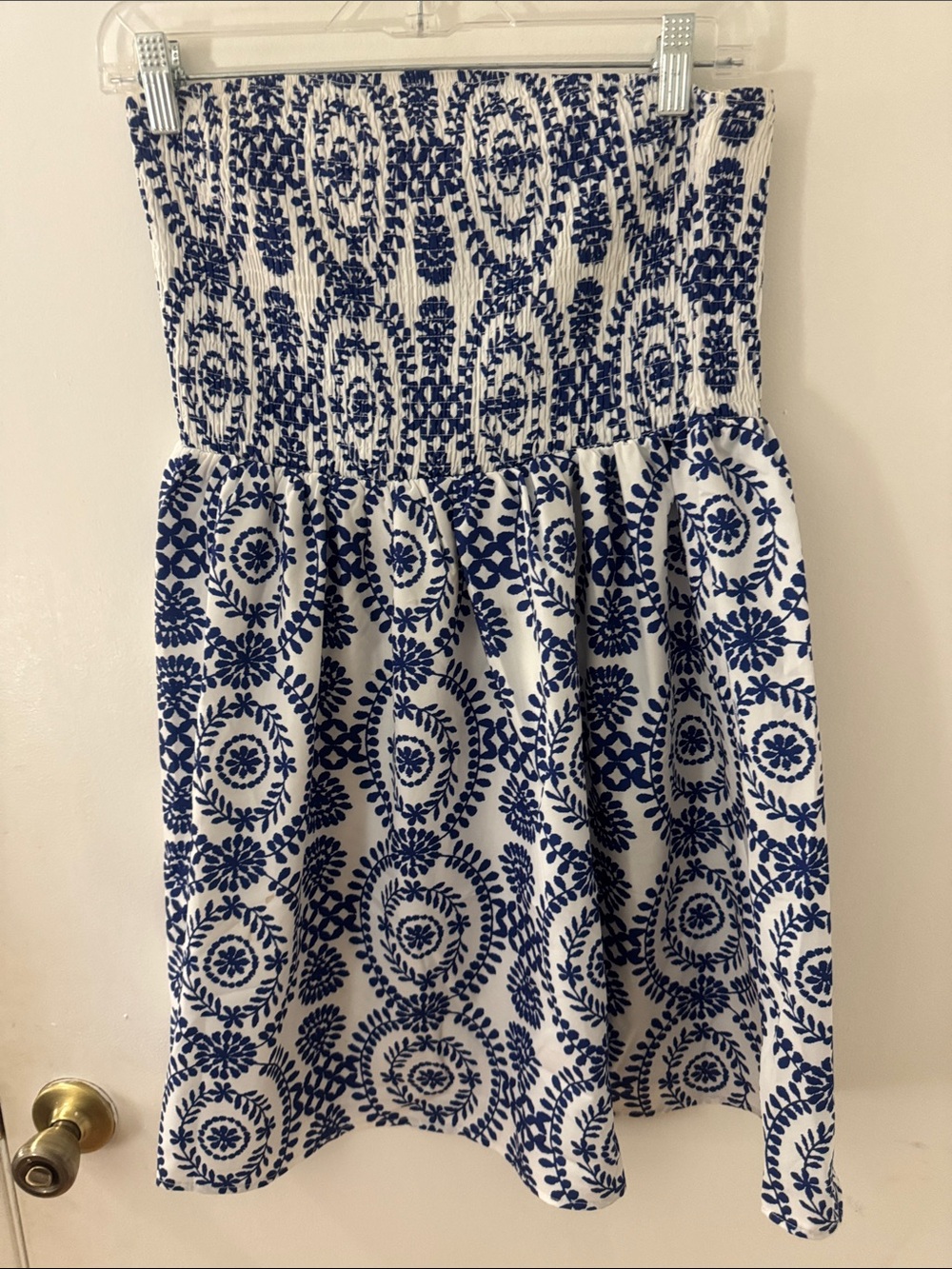 Commense White Sundress with Navy Blue Medallion Print